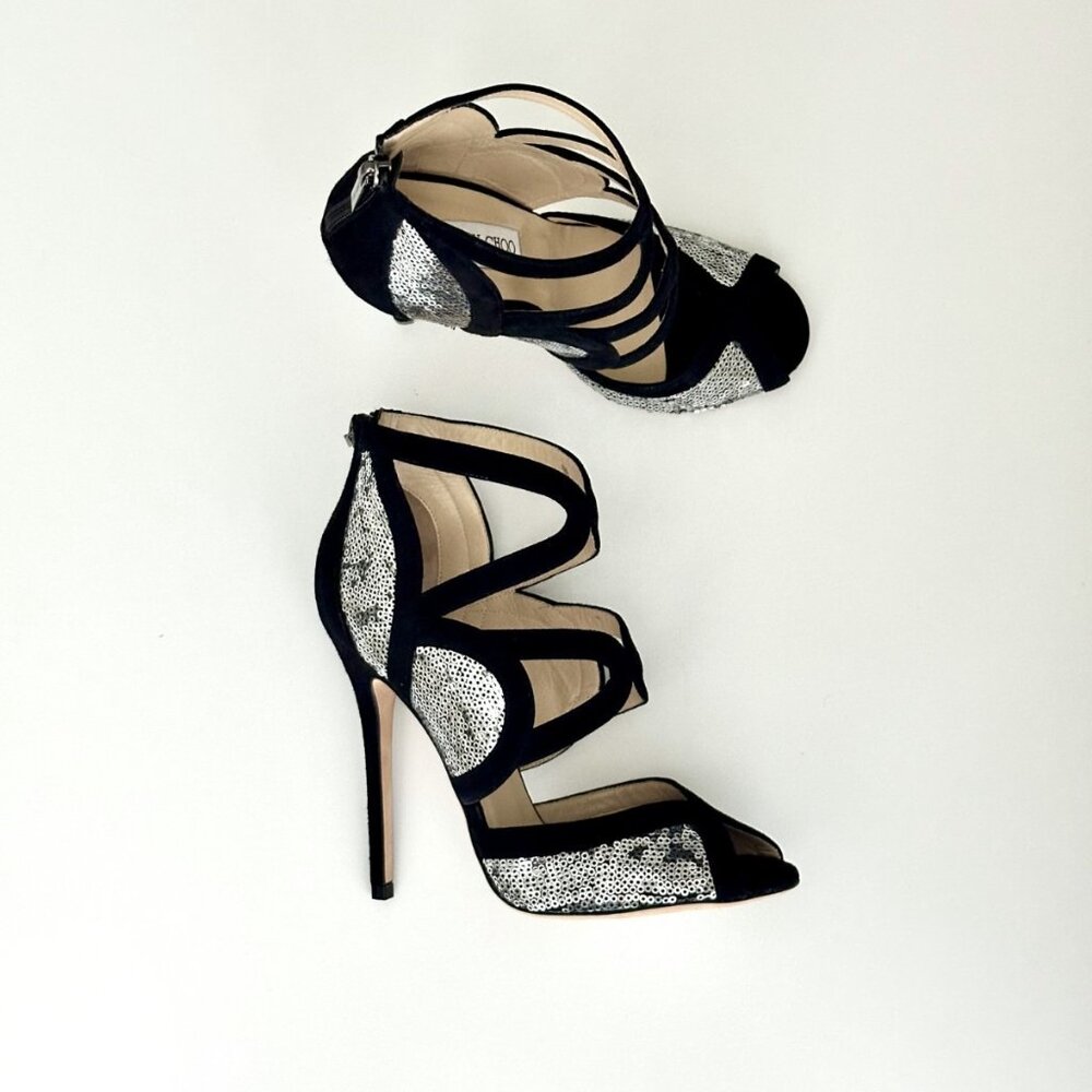 NEW JIMMY CHOO Tempest Black Suede Silver Sequin Cutout Heels Sandals Size 38